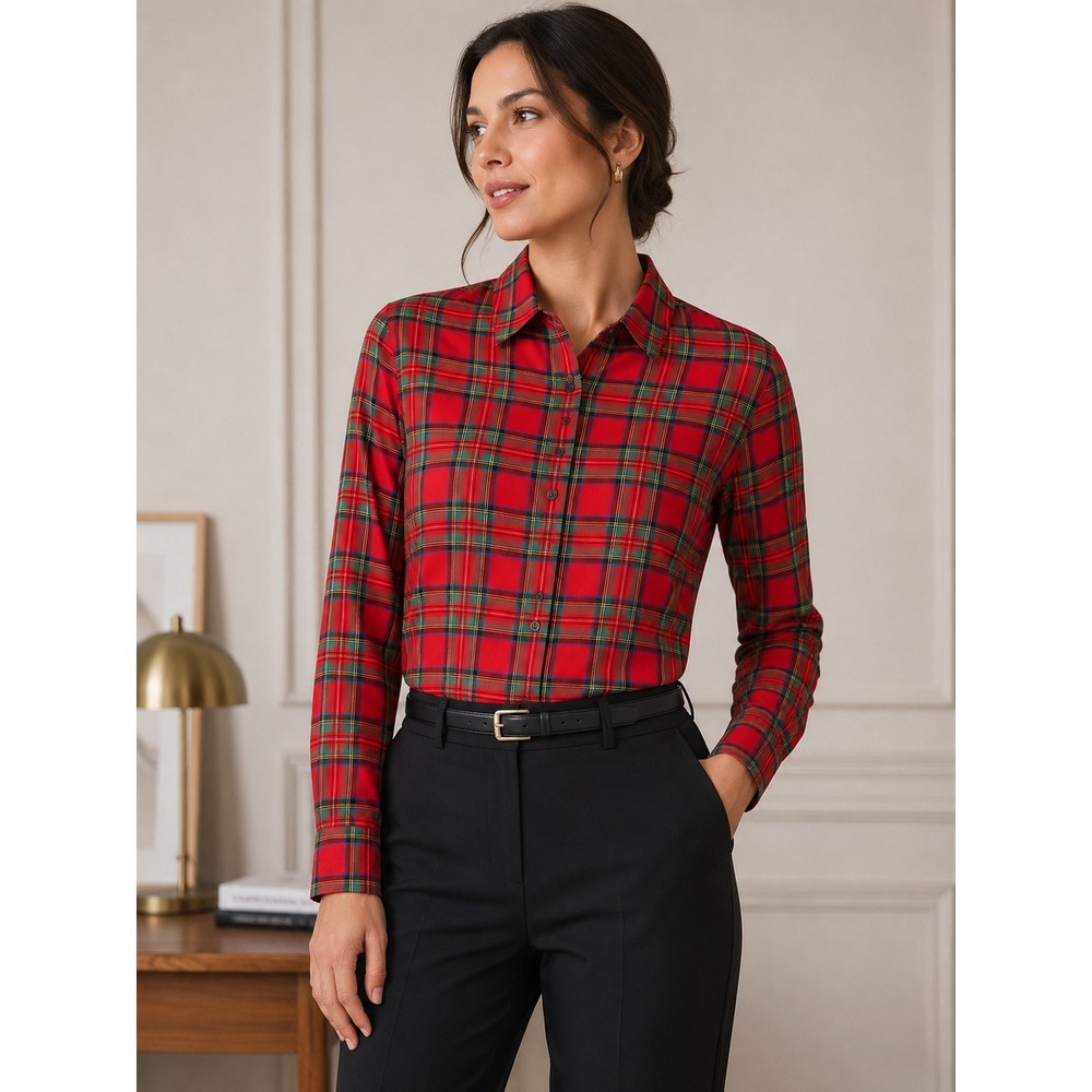 J.McLaughlin Womens Red Tartan Plaid Button Down Shirt Modal Blend Size S